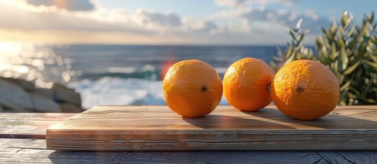Aufkleber - A wooden board showcases three round oranges against a blurred seascape backdrop with a wooden table offering ample copy space for various products and refreshments