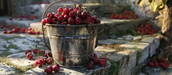 Poster - Close up shot of a bucket of ripe cherries on garden stairs with copy space image