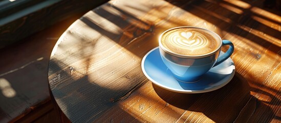 Poster - Walnut table presents a blue cupped cappuccino offering ample copy space image
