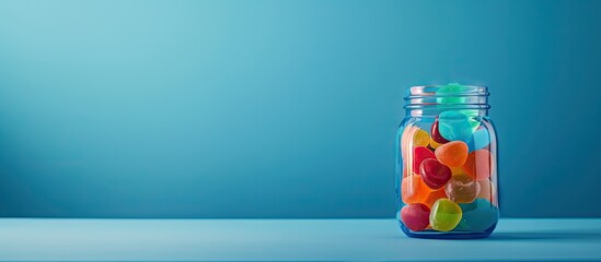 Aufkleber - Blue jar filled with jelly candies on a matching blue backdrop with room for a text overlay in a copy space image