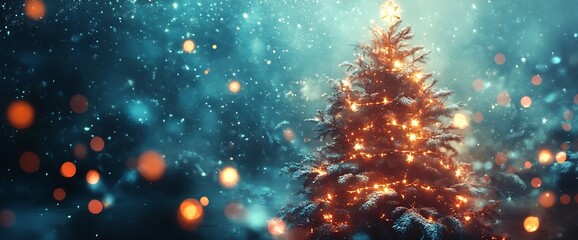 A glowing Christmas tree in a snowy forest.