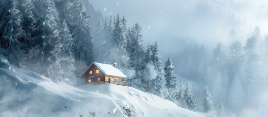 Aufkleber - A charming cabin surrounded by snowy trees on misty mountain slope with copy space image