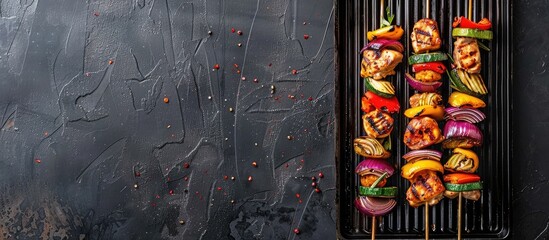 Sticker - Chicken kebab skewers with grilled vegetables on a black metal tray viewed from above with space for text or other elements in the image. Creative banner. Copyspace image