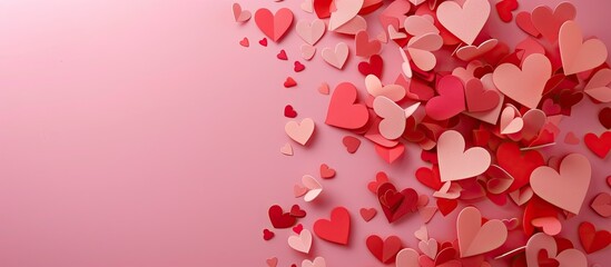 Fototapete - Pink and red heart cutouts of various sizes on pink background with copy space image in the center