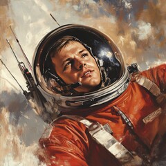 Canvas Print - A portrait of an astronaut in a red spacesuit looking up at the sky with a hopeful expression.