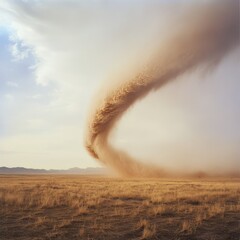 Poster - A powerful dust devil swirls through a barren landscape, creating a dramatic vortex of wind and sand.