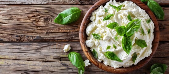 Poster - Close up of fresh ricotta and basil on a rustic wooden table with ample copy space in the image