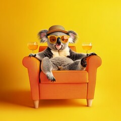 Poster - Koala wearing summer straw hat and sunglasses, holding glasses of cocktails over orange background. Summer holiday concept.