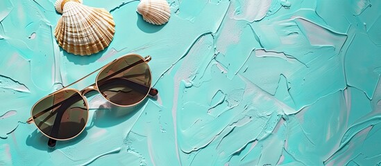Poster - Top view flat lay of sunglasses on a summer background with a seashell providing copy space for text