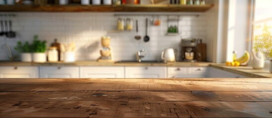 Fototapete - Blurry kitchen room background with a table top and copy space image