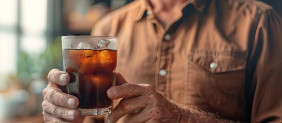 Aufkleber - Close up of a man holding a glass of iced black coffee with a copy space image