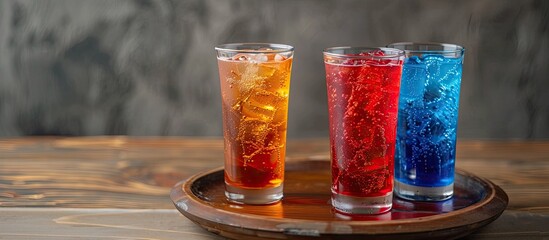 Aufkleber - Italian soda in red green and blue colors displayed on a wooden plate with copy space image