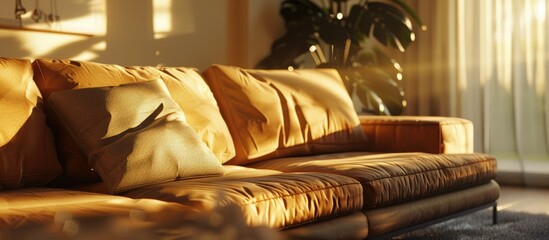 Aufkleber - A contemporary living room setting featuring an unoccupied brown couch with a cushion bathed in sunlight showcasing modern interior design with room for text in the image. Creative banner