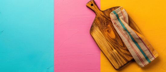 Wall Mural - Top view of a cutting board with a napkin on a colorful background perfect for copy space image