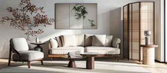 Aufkleber - Living room interior featuring a sofa armchair and a folding screen with room for text or images perfect for a copy space image