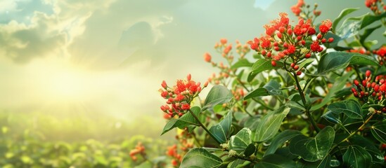 Aufkleber - Jatropha plant with red flowers and green leaves against a green background and sky suitable for a copy space image