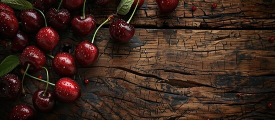 Aufkleber - Top down view of ripe cherries displayed against a rustic wooden backdrop ideal for a copy space image