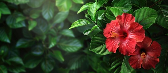 Poster - Vibrant Chinese hibiscus flower in red with a garden backdrop ideal as a nature themed design copy space image