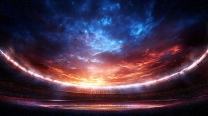 Breathtaking stadium view under a dramatic sky filled with vibrant clouds and stunning colors at sunset, perfect for sports themes.