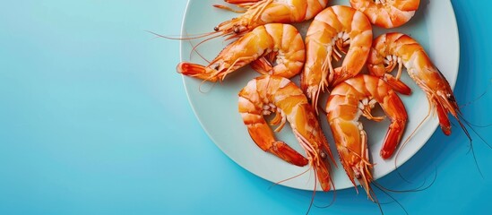Poster - Plate with delicious boiled shrimp arranged neatly on a blue backdrop ideal for use as a copy space image
