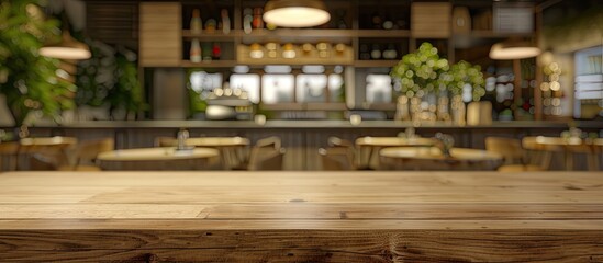 Fototapete - Empty wooden counter and shelf surface over a blurred restaurant background ideal for displaying products in a copy space image