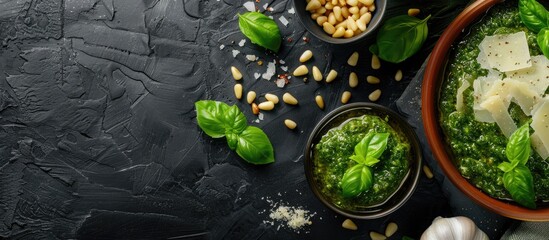 Aufkleber - On a black table there is a bowl of delicious pesto sauce with pine nuts cheese and basil providing a copy space image