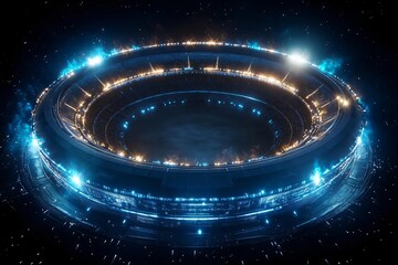Wall Mural - Futuristic stadium illuminated by blue lights, set against a cosmic background, evoking a sense of awe and wonder.