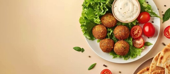 Poster - A plate with appetizing falafel tomato sauce and pita on a beige background with copy space image