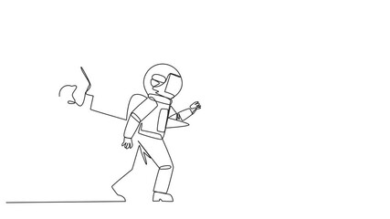 Wall Mural - Animated self drawing of continuous line drawing astronaut stabbed in the back by a large knife. Cheated to ruin by a business partner. The traitor. Full length single line animation