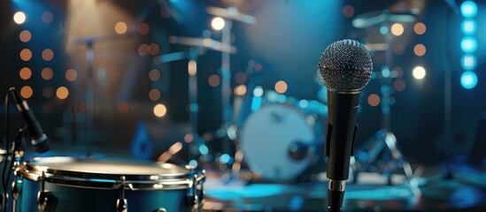 Poster - Concert themed modern stage set up with drums and microphone in the foreground ready for a musical performance by orchestra musicians with a prominent copy space image