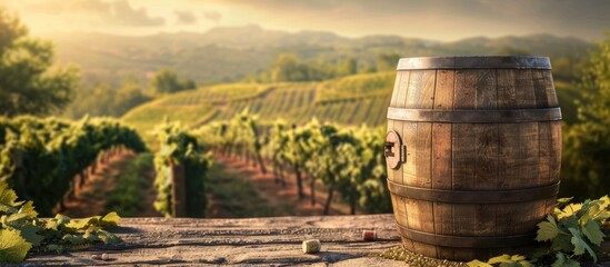 Canvas Print - Empty wooden wine barrel with a vineyard background serves as a copy space image for a product concept allowing for food drink and object placement