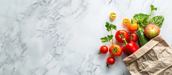 Poster - Fresh fruits and vegetables in a paper bag showcased on a white marble backdrop in a flat lay style perfect for adding text to the copy space image
