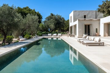 Ingenious Stock exterior of modern minimalist cubic villa with balcony, terrace, and swimming pool.