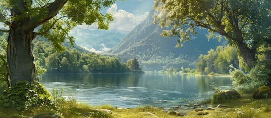 Poster - Scenic summer landscape with greenery trees river creating a picturesque panoramic view perfect for a copy space image