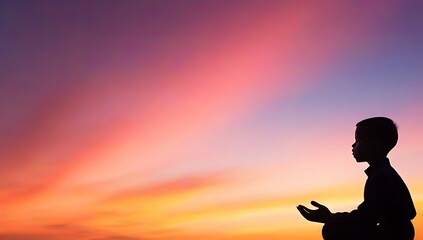 prayer concept featuring silhouette young boy praying pose set vibrant sunrise sunset sky symbolizing themes worship confession faith