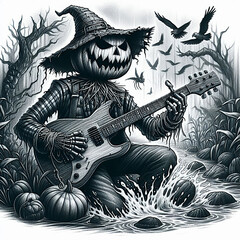 Wall Mural - Pencil style illustration of a scarecrow with a pumpkin head playing an electric guitar