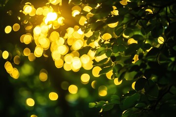 Poster - Golden sunlight filtering through green leaves creates a magical bokeh effect in a tranquil forest setting during late afternoon