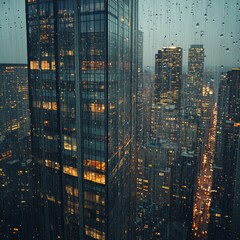 Poster - A rainy evening view of a cityscape through a window, with rain drops on the glass.