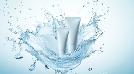 Vector ad for skincare cream with water-based cosmetics. Features two white natural tubes surrounded by splashing water on a light blue background. 