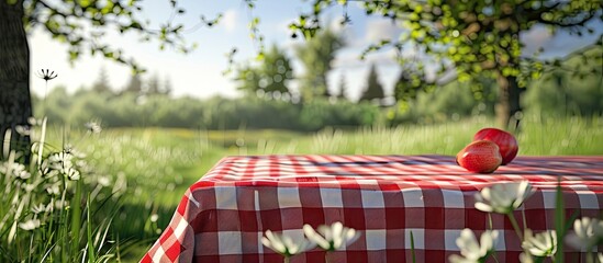 Sticker - Picnic table set with red checkered tablecloth on outdoor table with copy space image available