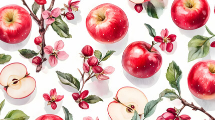 Wall Mural - Watercolor Seamless Pattern with Red Apples and Pink Apple Blossoms