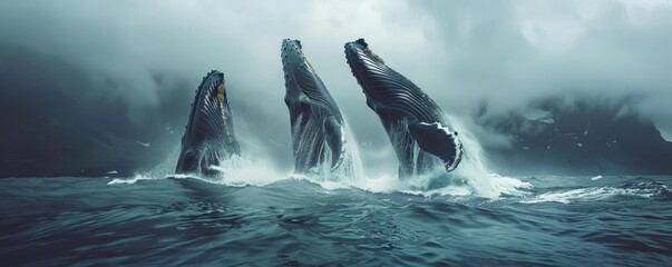 Majestic humpback whales breaching in ocean expanse, 4K hyperrealistic photo