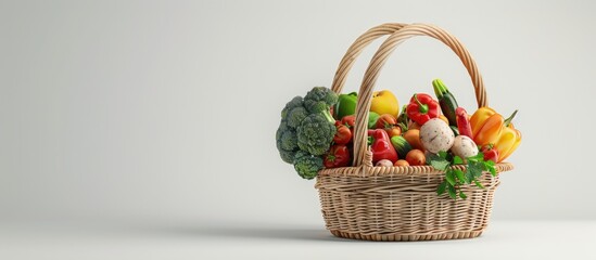 Poster - Basket filled with a variety of fresh vegetables creating a vibrant display against a white background perfect for a copy space image
