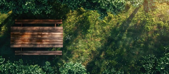 Wall Mural - Aerial perspective of a rustic wooden picnic table in the backyard with copy space image