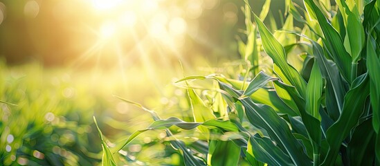 Wall Mural - Young maize crops growing in a field with sunlight in the background creating a close up agriculture concept Copy space image