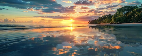 Wall Mural - Sunset reflecting on the calm waters of a beach lagoon, 4K hyperrealistic photo