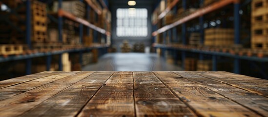 Poster - A wood table is empty with a blurred warehouse backdrop providing ample copy space for displaying products in an industrial setting
