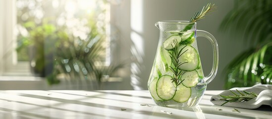 Wall Mural - Close up of a jug of refreshing cucumber water infused with rosemary on a white table suitable for adding text Incorporates copy space image