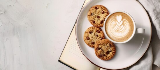 Enjoy a latte and cookies on a plate placed on an old book under a notebook against a white table background creating a cozy and relaxing atmosphere with a copy space image