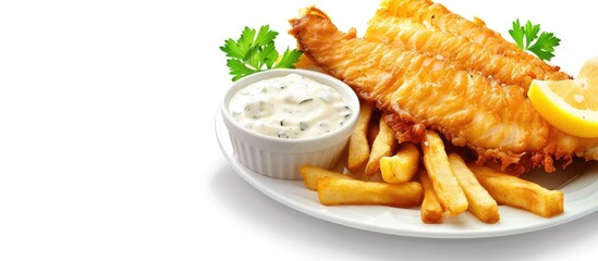 Sticker - A classic dish with fish fries and tartar sauce showcasing traditional flavors ideal for a menu with copy space image